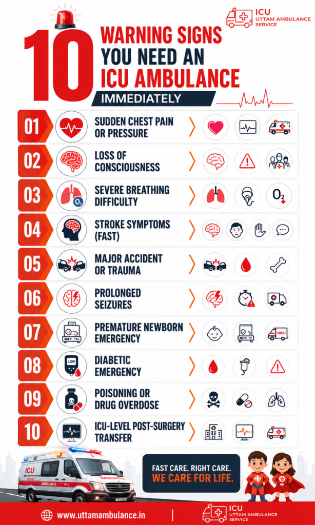Infographic showing 10 warning signs that indicate when an ICU ambulance may be needed